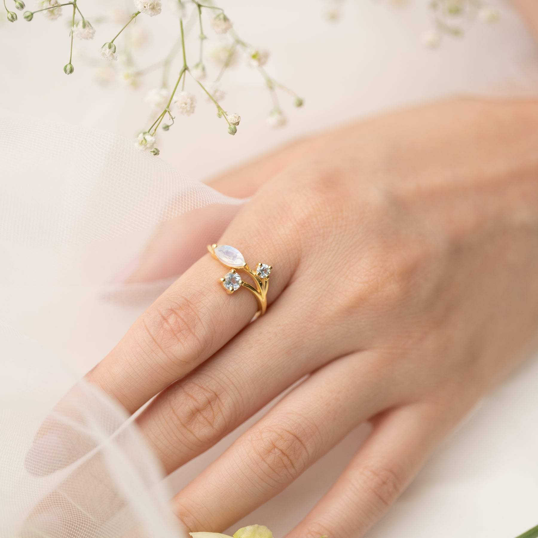 【レインボームーンストーン×ブルートパーズ】DSSL-Design Ring Collection -Snow Leaf