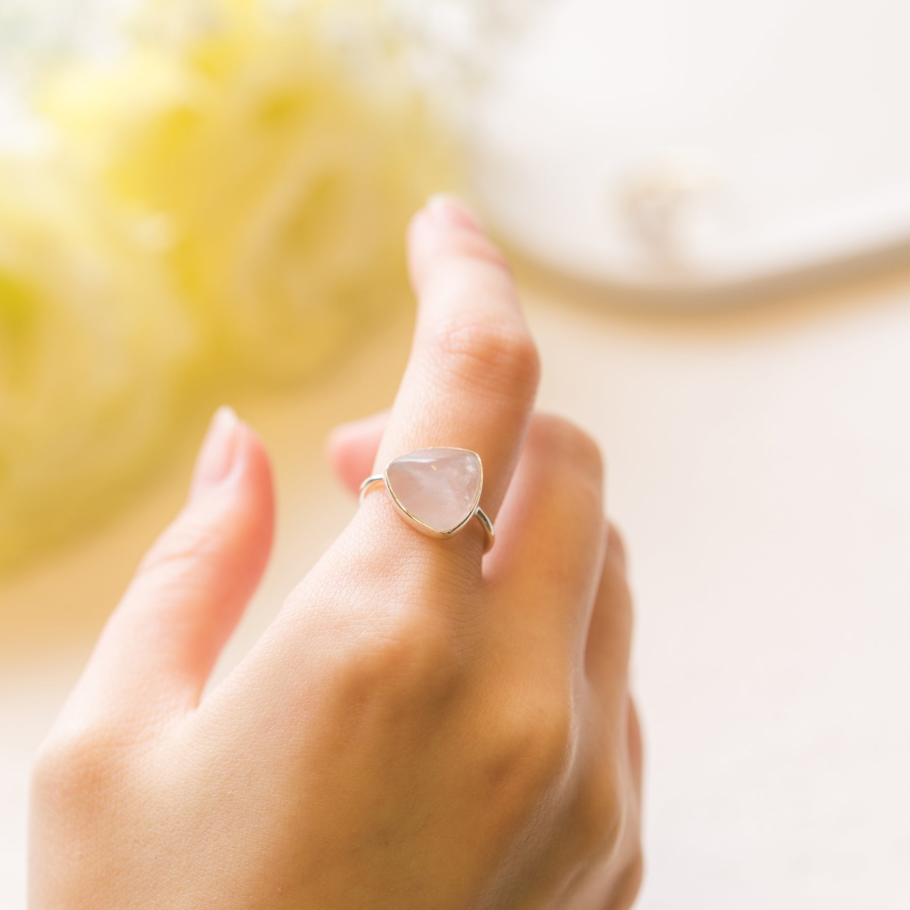 【ローズクォーツ】TRLRQS2-Trilliant Ring