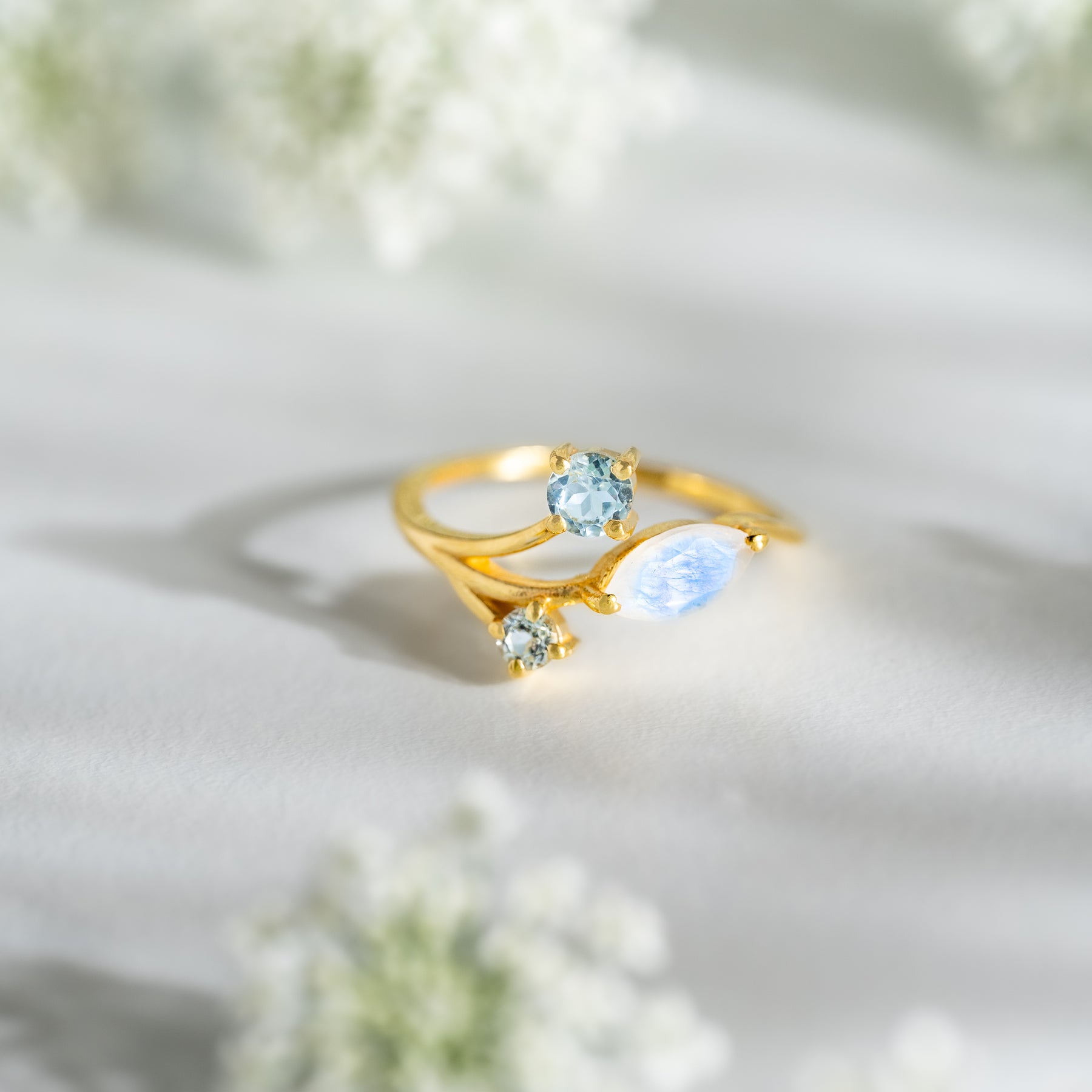 【レインボームーンストーン×ブルートパーズ】DSSL-Design Ring Collection -Snow Leaf