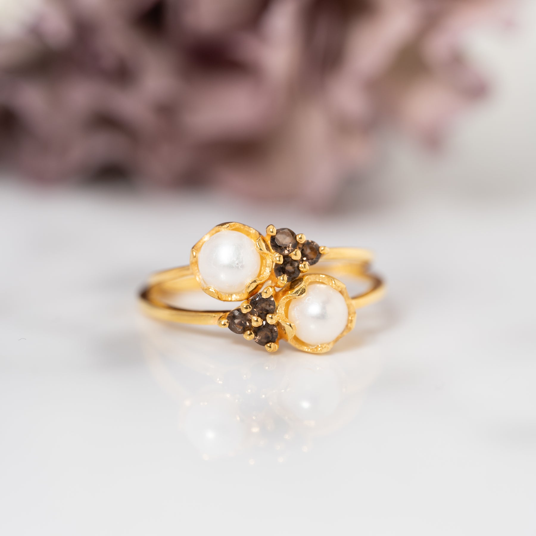 【パール×スモーキークォーツ】DSLB-Design Ring Collection -Luna Bloom